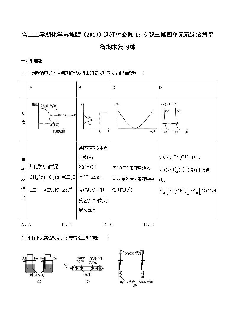 高二上学期化学苏教版（2019）选择性必修1：专题三第四单元沉淀溶解平衡期末复习练01