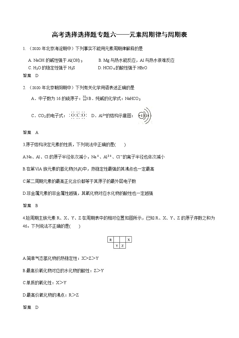 2021高考化学热点选择题通关训练  专题六 元素周期律与周期表  专题训练 （含解析）01
