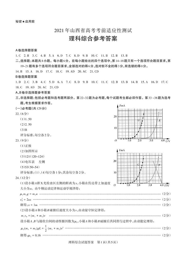 2021年山西省高考考前适应性（一模）测试理科综合试题01