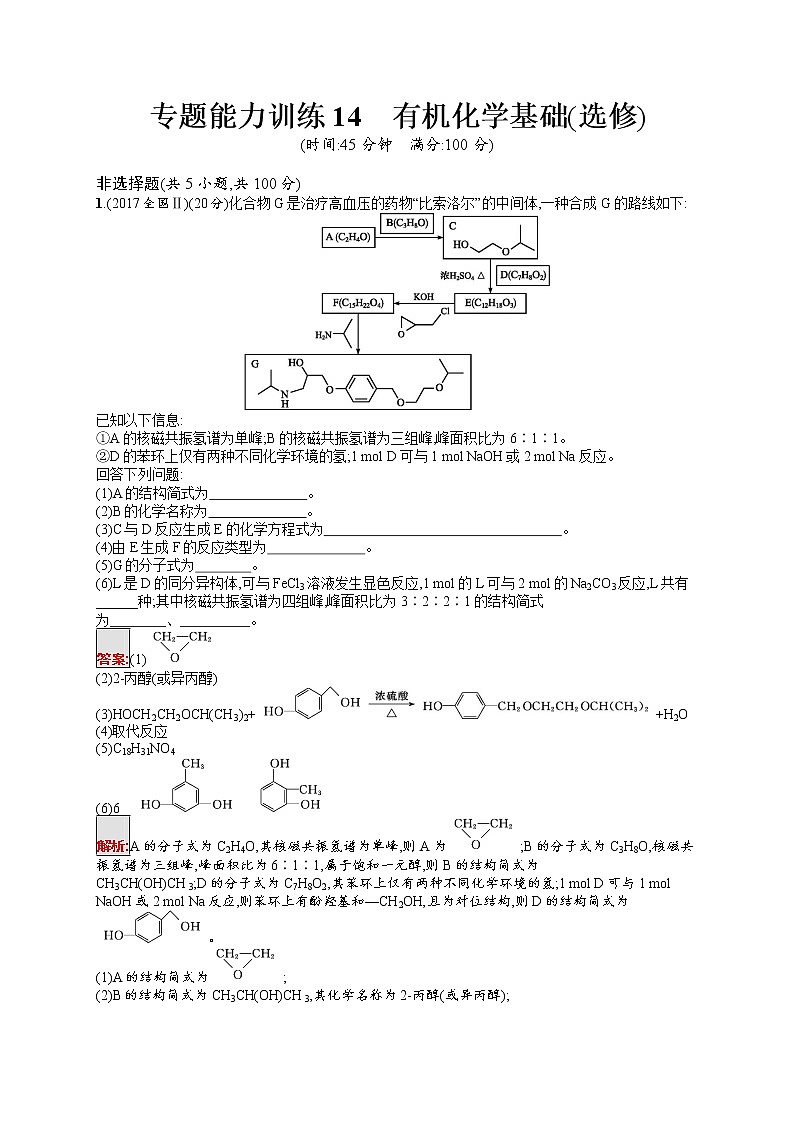 专题能力训练14　有机化学基础(选修) （含答案解析）01