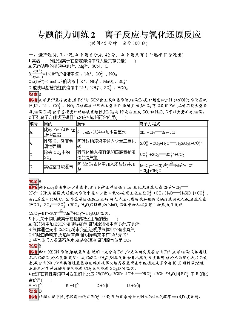 专题能力训练2　离子反应与氧化还原反应 （含答案解析）第1页