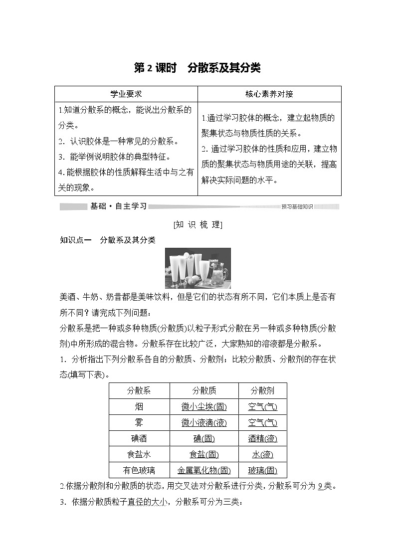 第1章 第一节 物质的分类及转化——第2课时 分散系及其分类 教案01