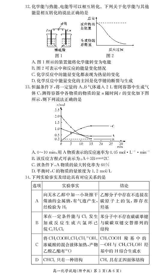 湖南师范大学附属中学2020-2021学年高一下学期期中考试化学试题+答案（PDF版）03