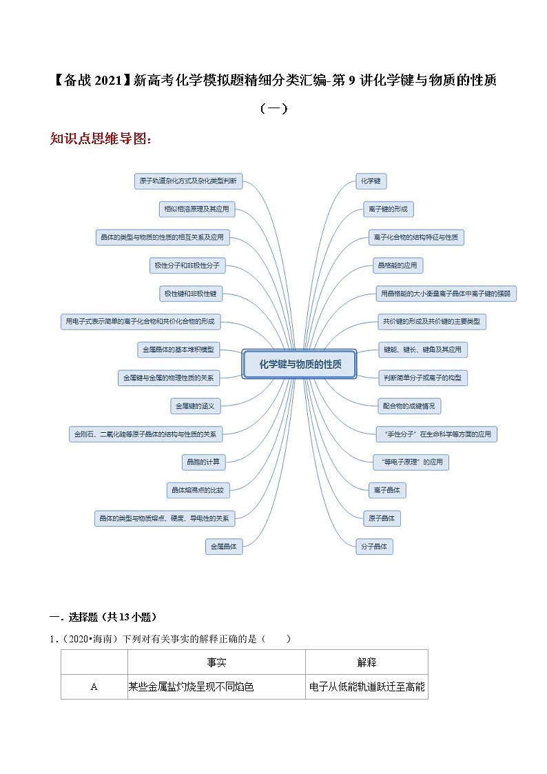 2021年新高考化学各地模拟题精细分类汇编   第9讲 化学键与物质的性质（一）（一轮二轮通用）01