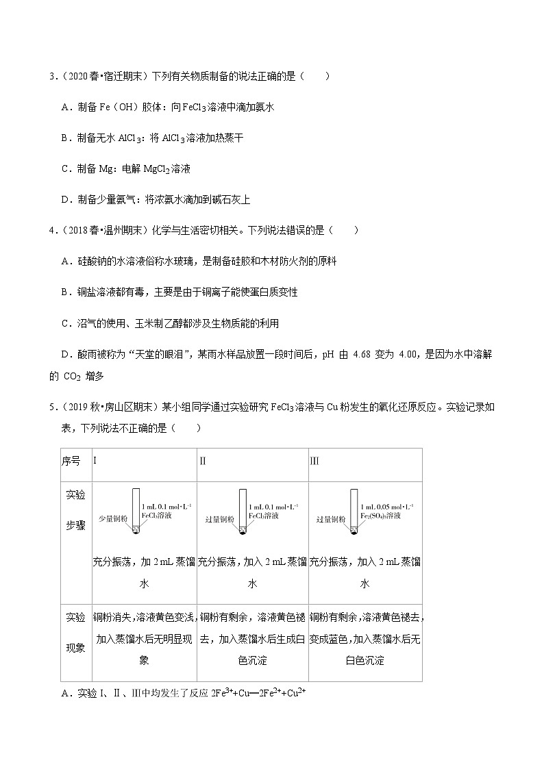 2021年新高考化学各地模拟题精细分类汇编   第28讲 无机物的性质实验（一）（一轮二轮通用）02