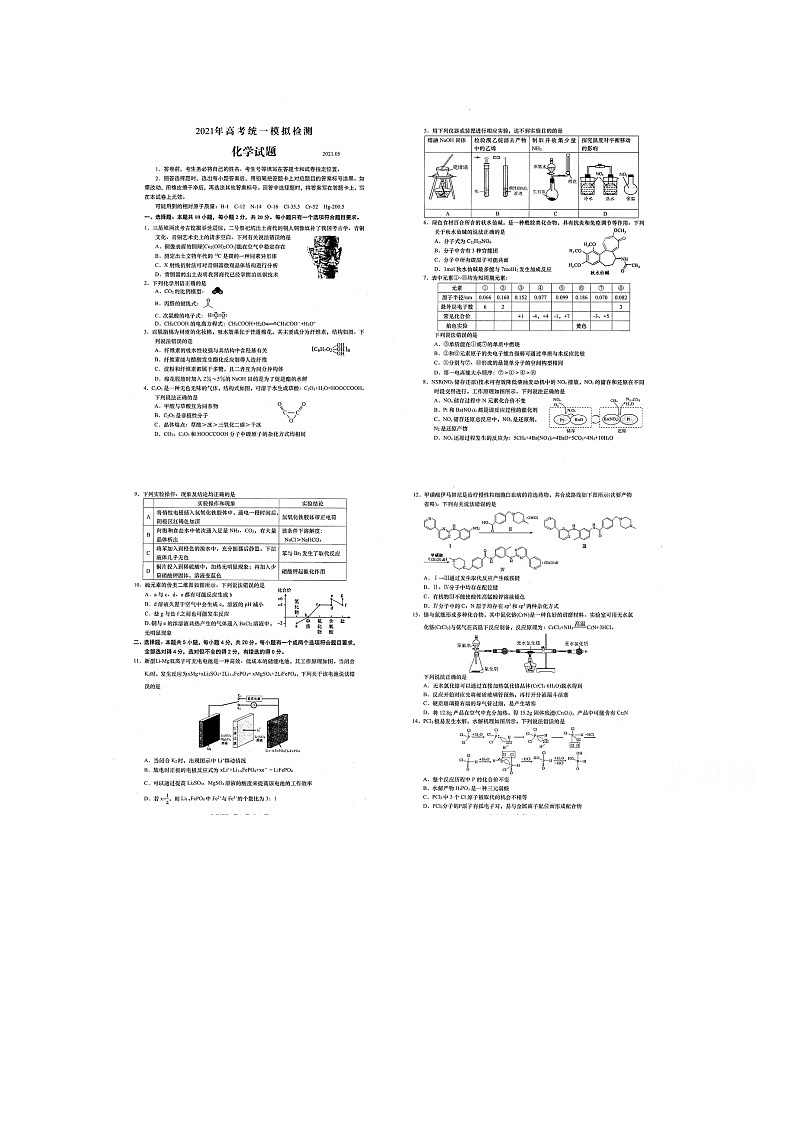 2021青岛市高三二模：化学试题+答案（5月）01