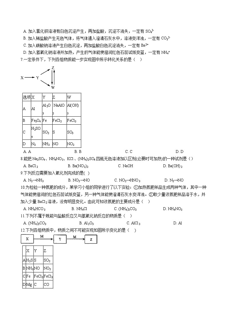 苏科版（2019）高中化学必修第二册专题7氮与社会可持续发展第三单元含氮化合物的合理使用同步练习02