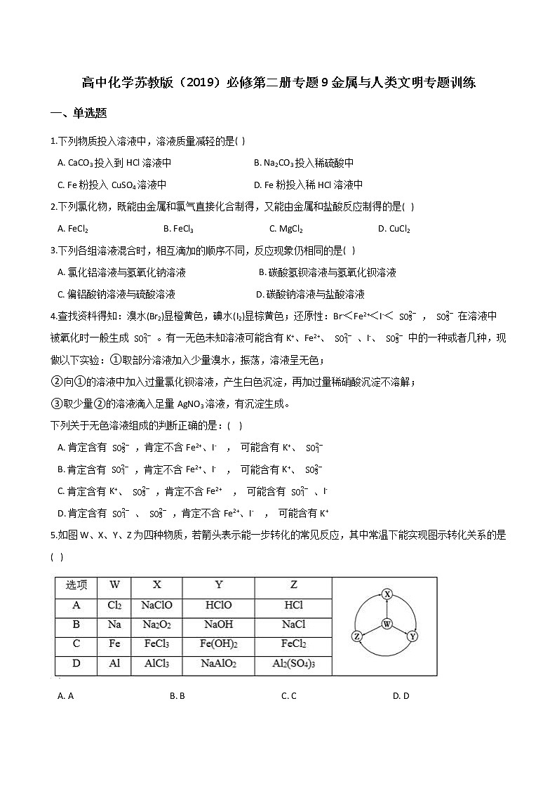 苏科版（2019）高中化学必修第二册专题9金属与人类文明专题训练01