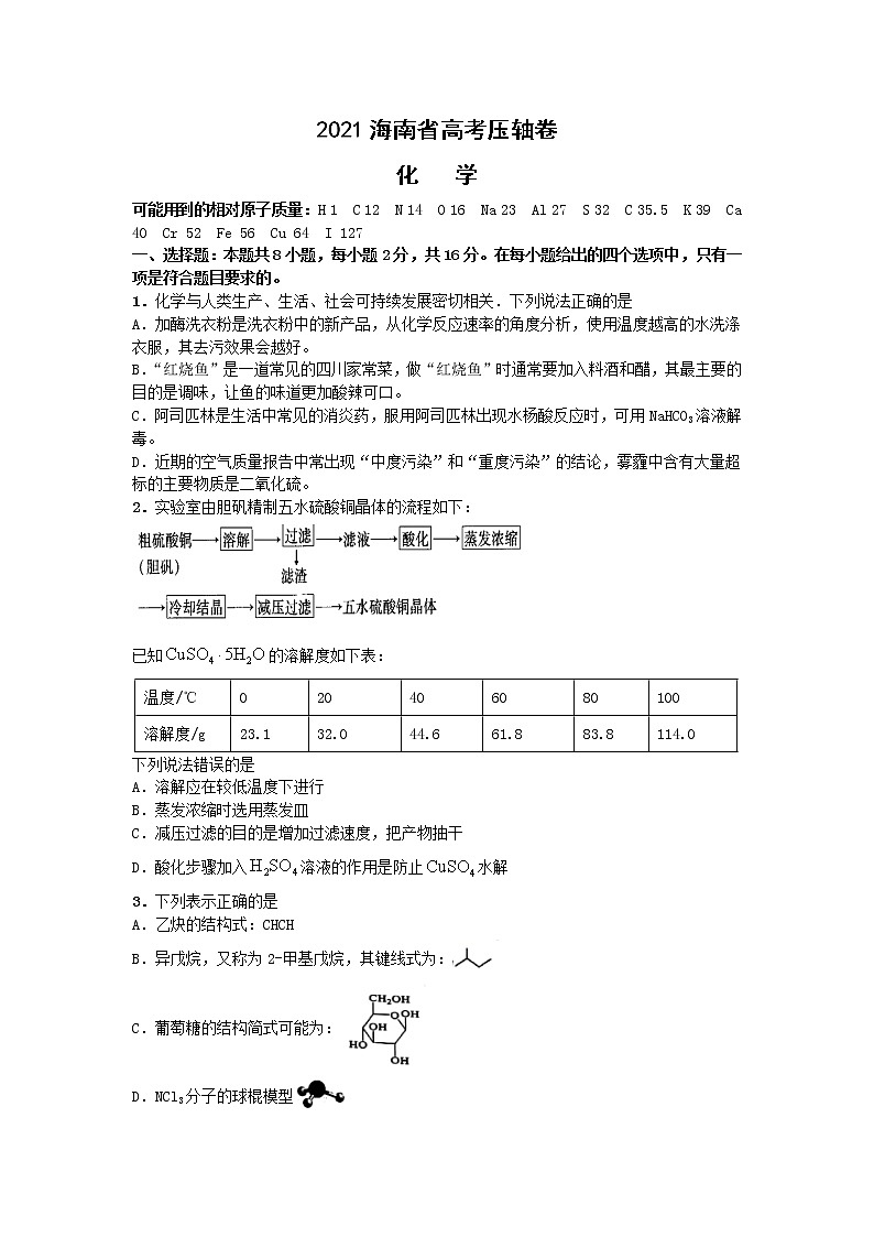 2021海南省高考冲刺压轴卷：化学+答案解析01
