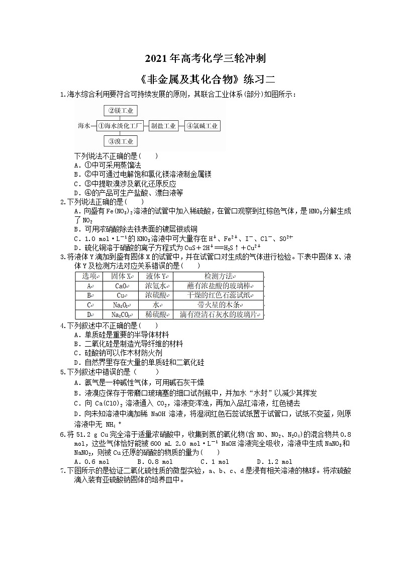 2021年高考化学三轮冲刺《非金属及其化合物》练习二（含答案）01