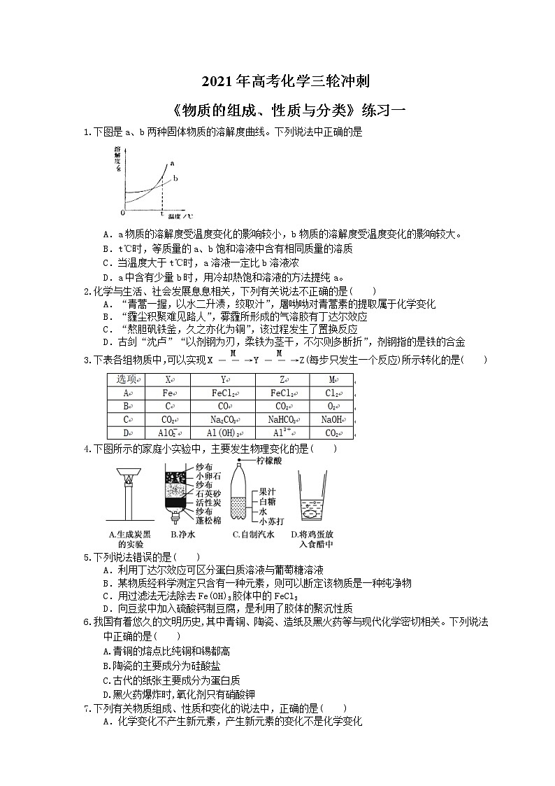 2021年高考化学三轮冲刺《物质的组成、性质与分类》练习一（含答案）01