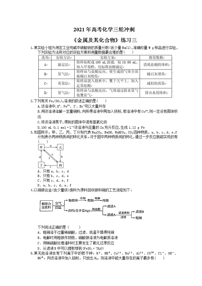 2021年高考化学三轮冲刺《金属及其化合物》练习三（含答案）第1页