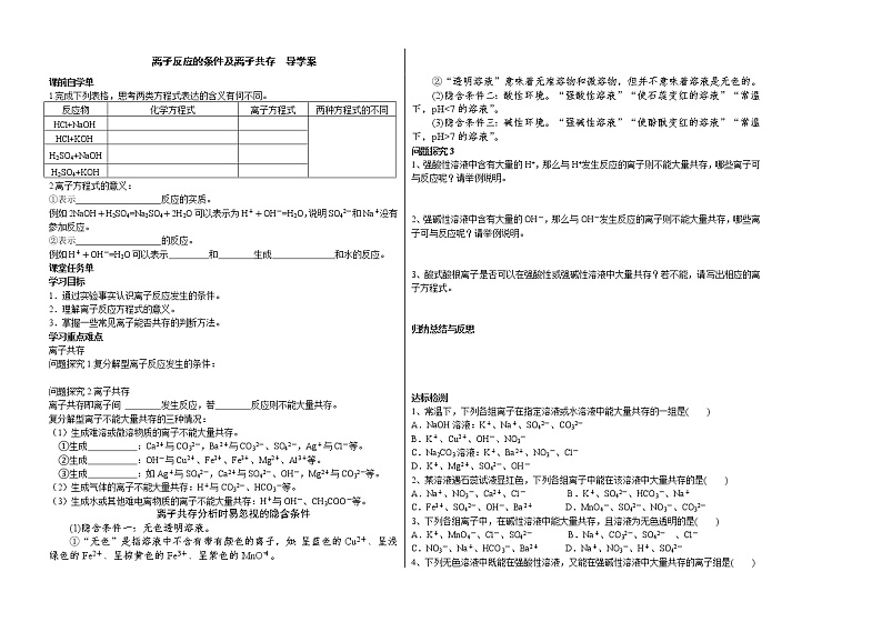 人教版 (2019) / 必修 第一册1.2离子反应的条件及离子共存 学案01