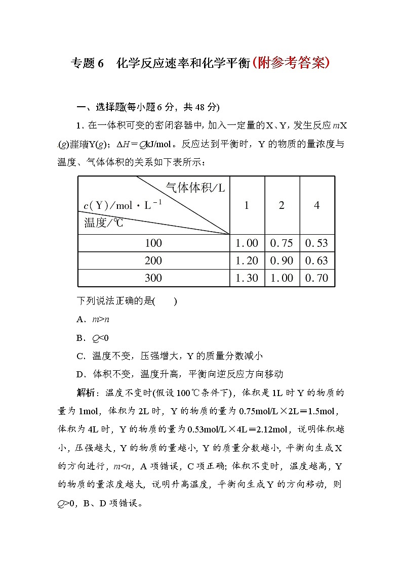 131化学二轮复习攻略：专题6-化学反应速率和化学平衡测试题13101