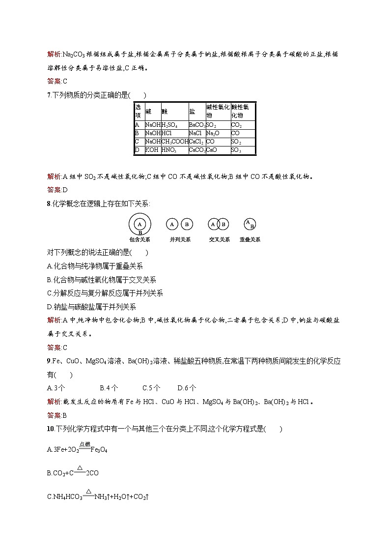 高一化学人教版必修1练习：2.1.1 简单分类法及其应用 word版含解析第3页