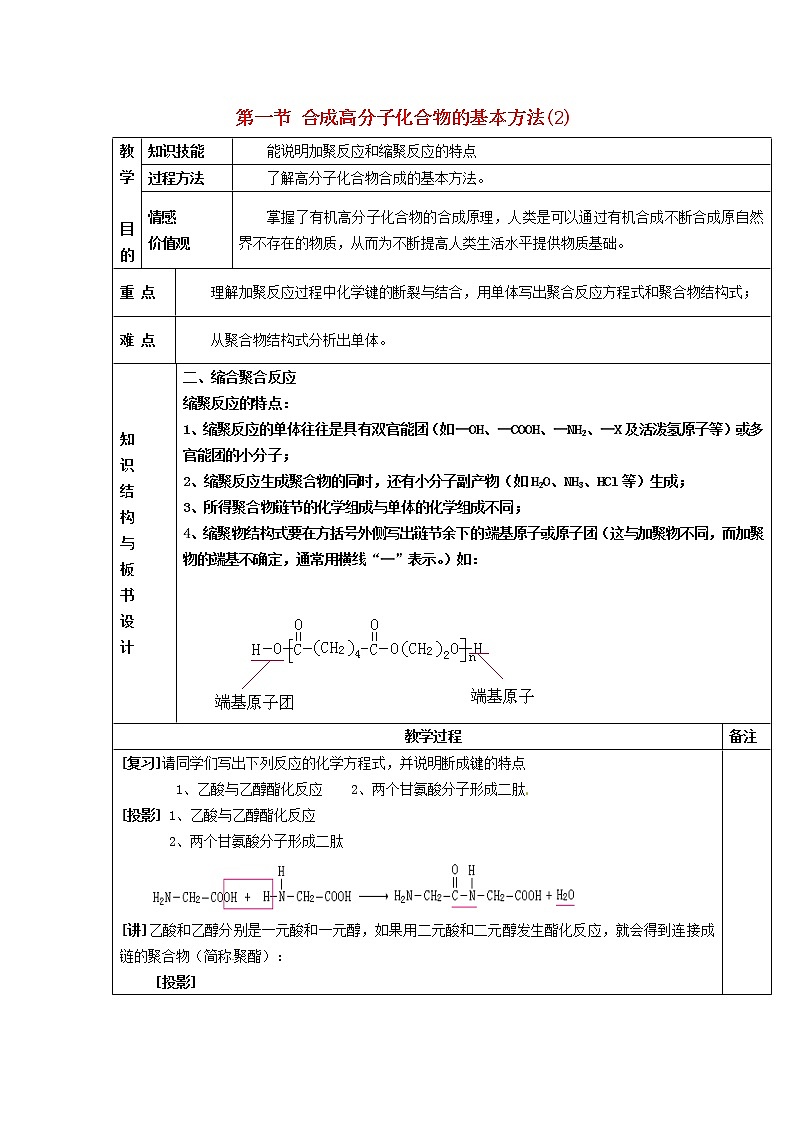 高中化学 第五章第一节 合成高分子化合物的基本方法(2)教案 新人教版选修5第1页