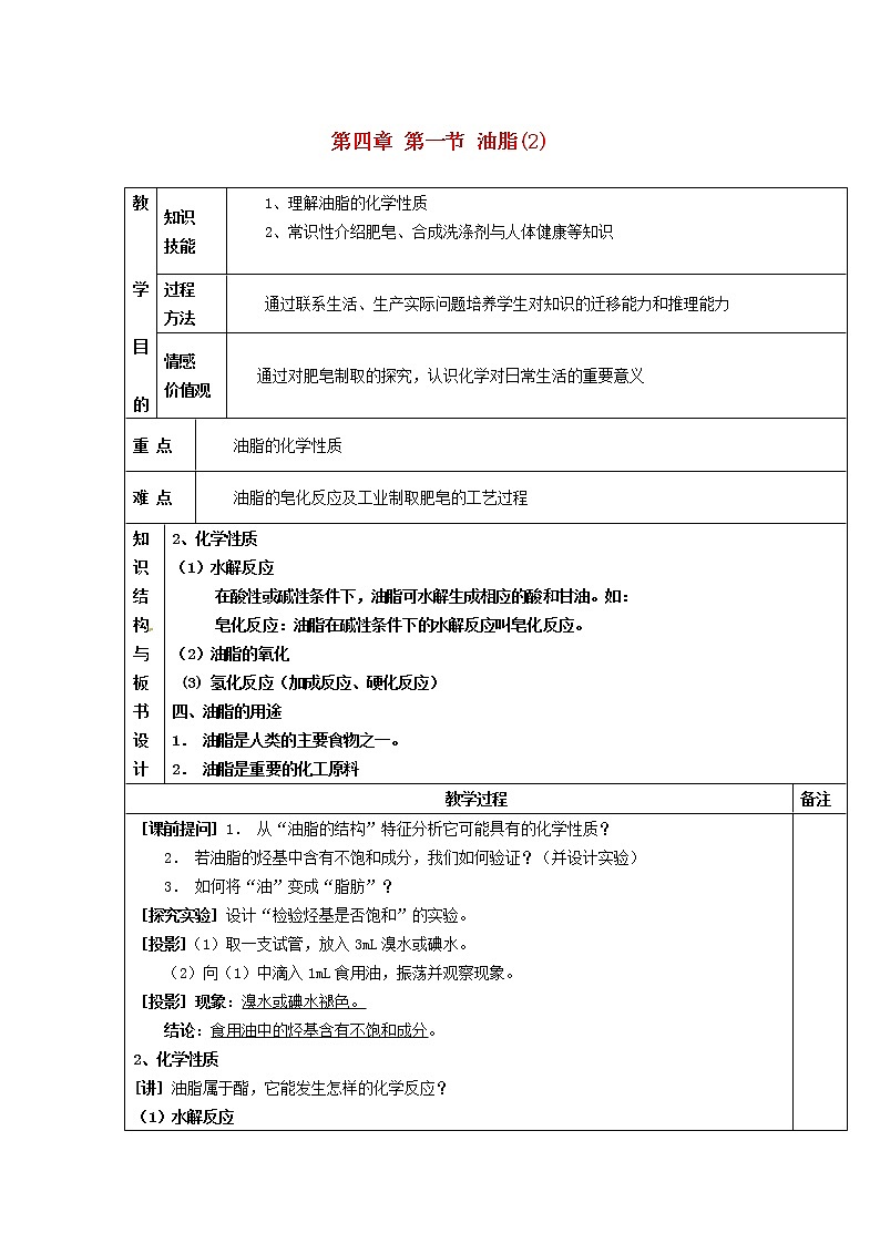 高中化学 第四章 第一节 油脂(2)教案 新人教版选修5第1页