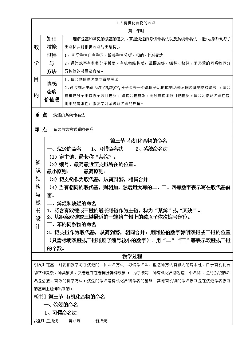 人教版高中化学选修五《1.3 有机化合物的命名》教案第1页