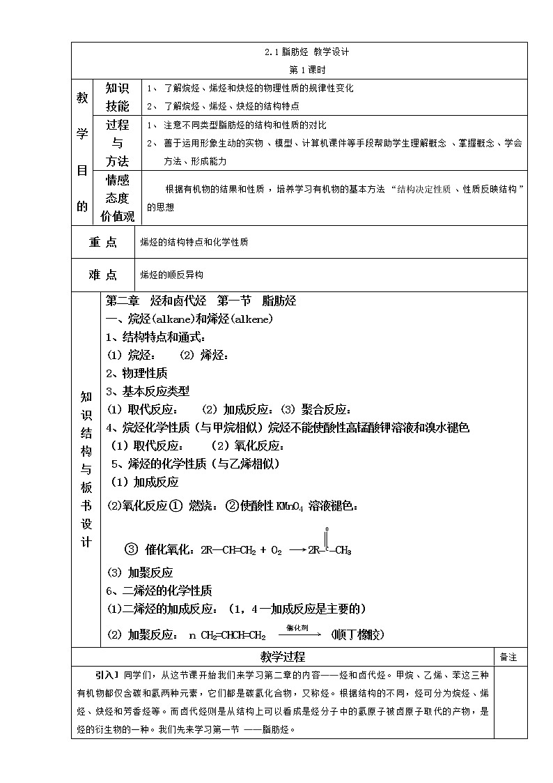 人教版高中化学选修五 2.1脂肪烃第1课时（教案1）第1页