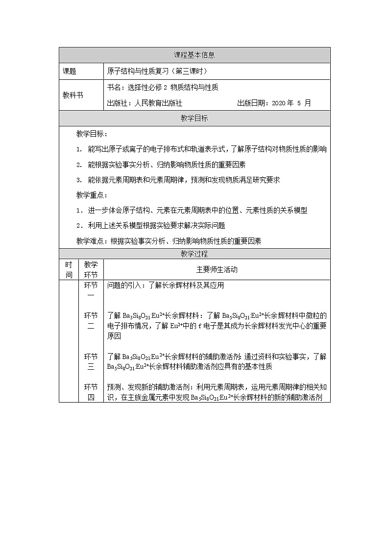 高中 化学 人教版 (2019) 选择性必修2　1.2 原子结构与性质复习 教学设计（3课时）01