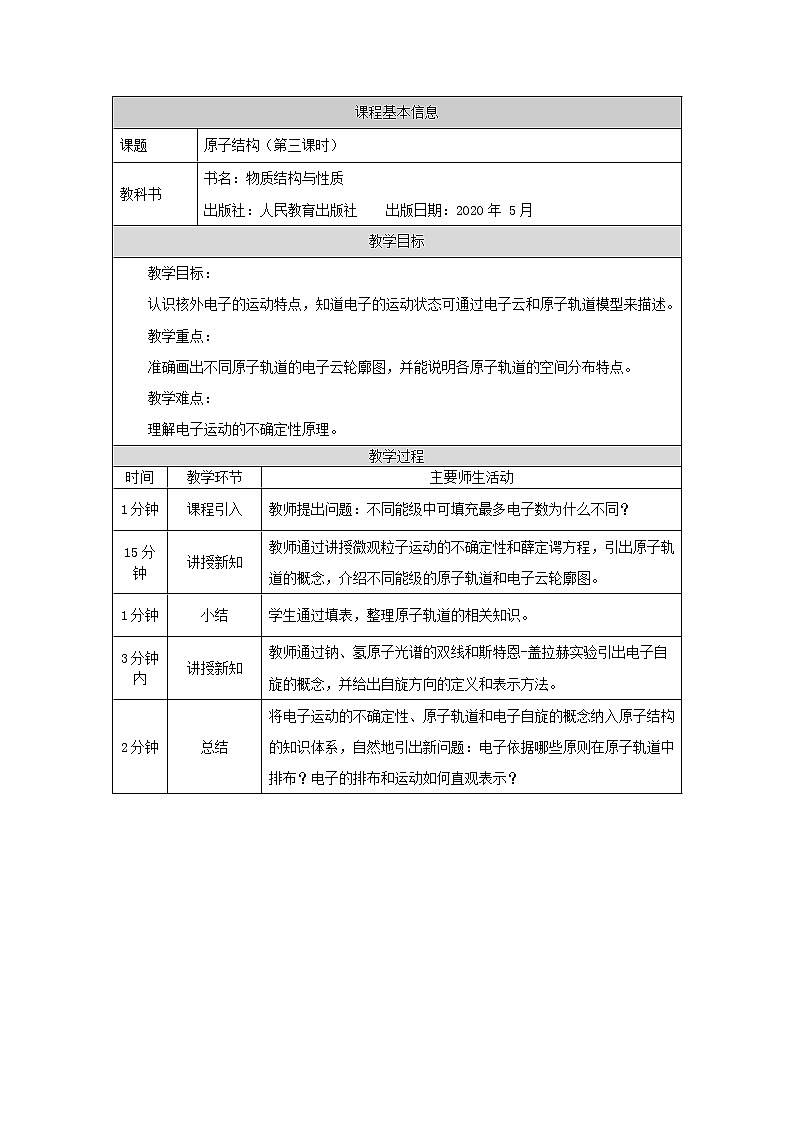 高中 化学 人教版 (2019) 选择性必修2　1.1 原子结构 教学设计（4课时）01
