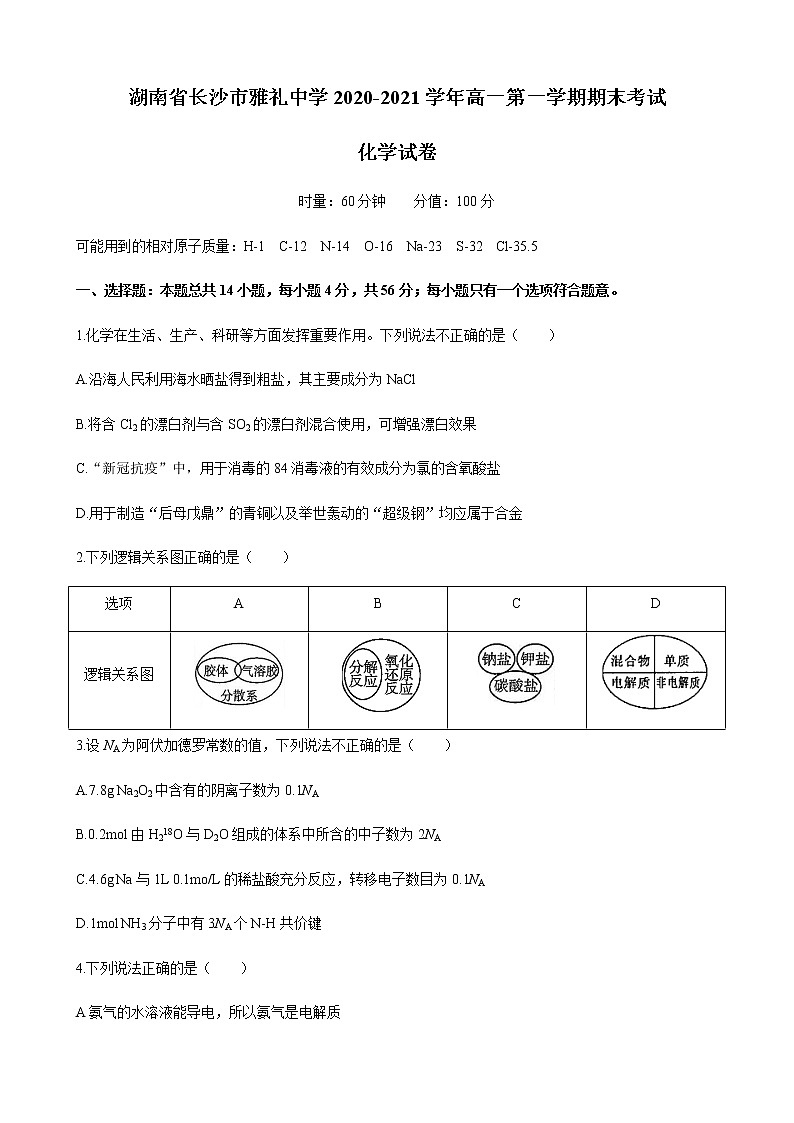 湖南省长沙市雅礼中学2020-2021学年高一上学期期末考试化学试题+Word版含答案01