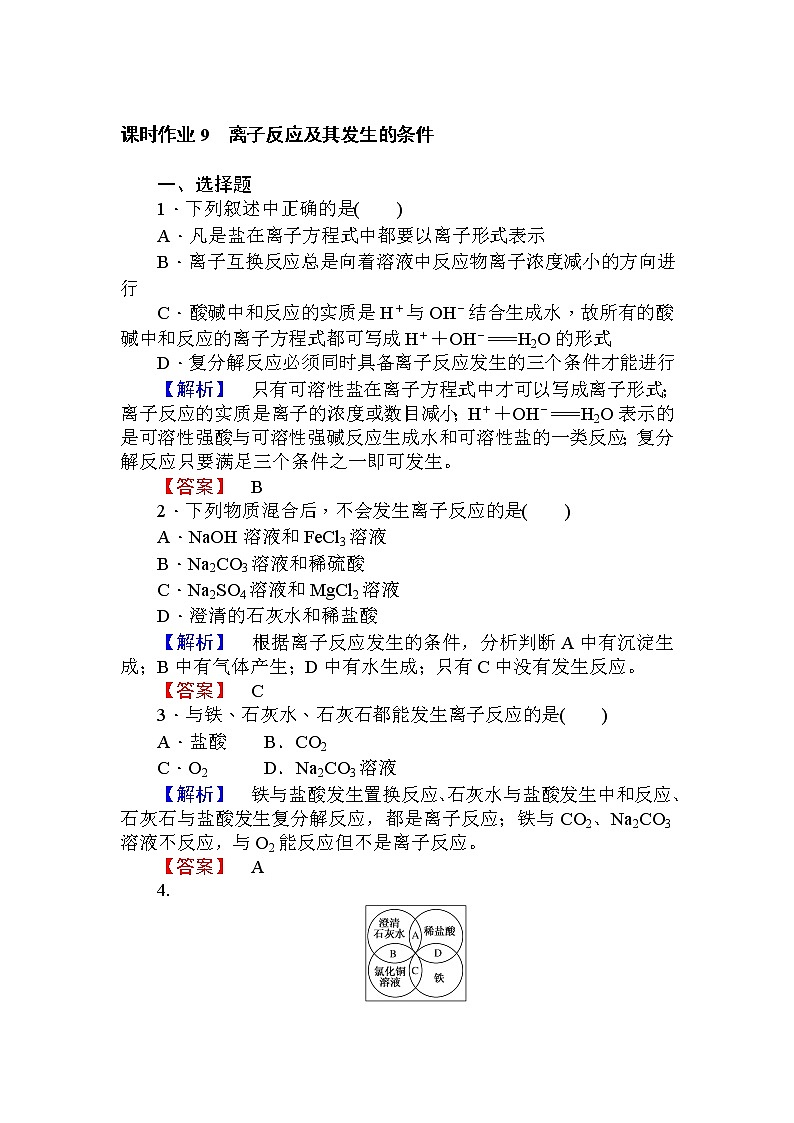 高中化学人教版必修一课时作业9离子反应及其发生的条件+Word版含解析第1页