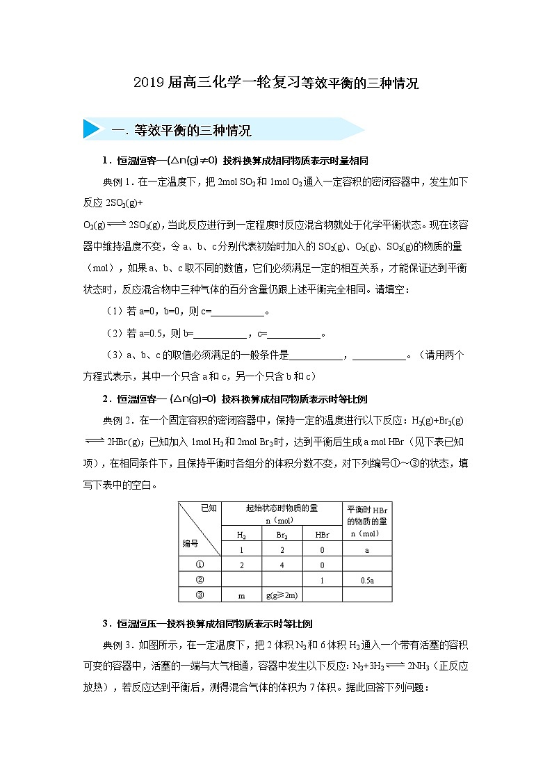 2019年高三化学一轮复习试题等效平衡的三种情况01