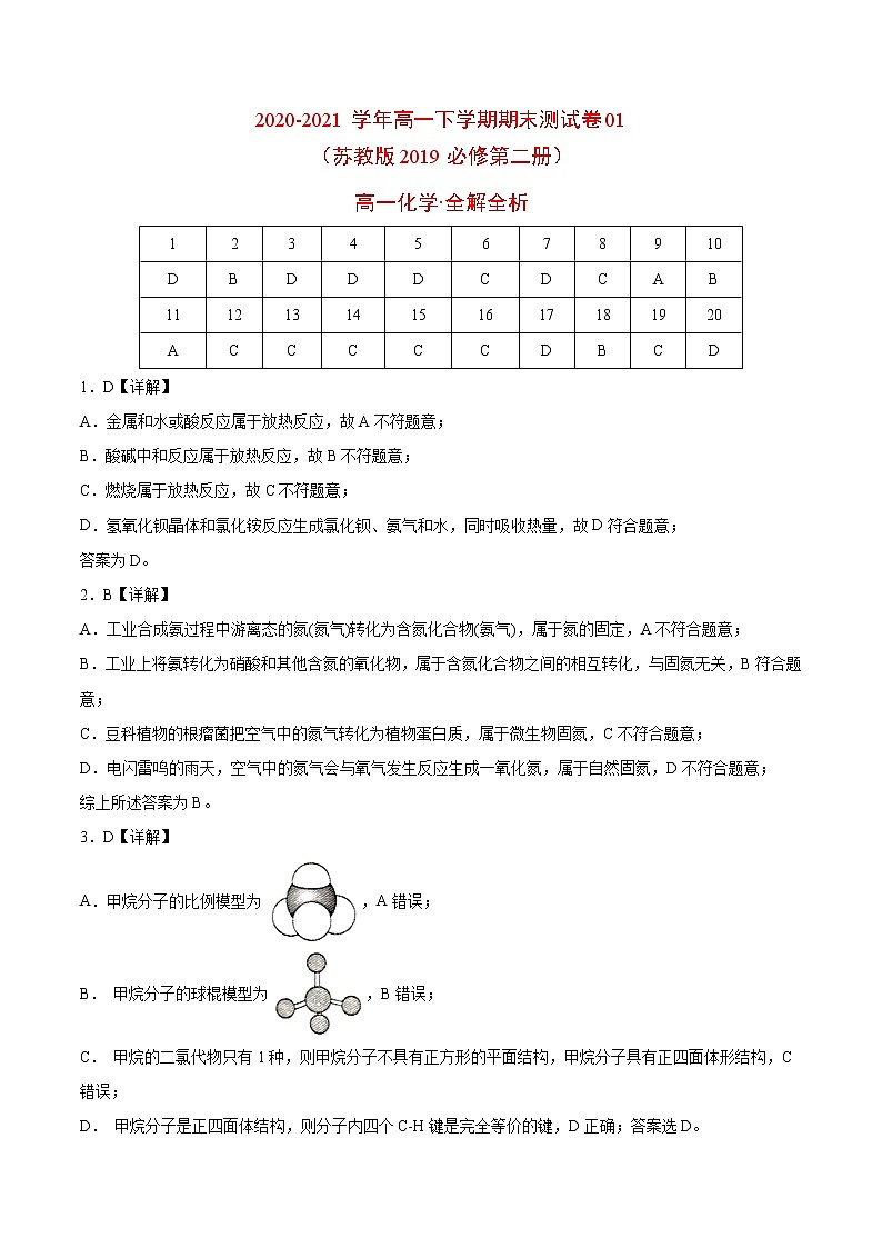 2020-2021学年高一化学下学期期末测试卷（苏教版2019必修第二册）01