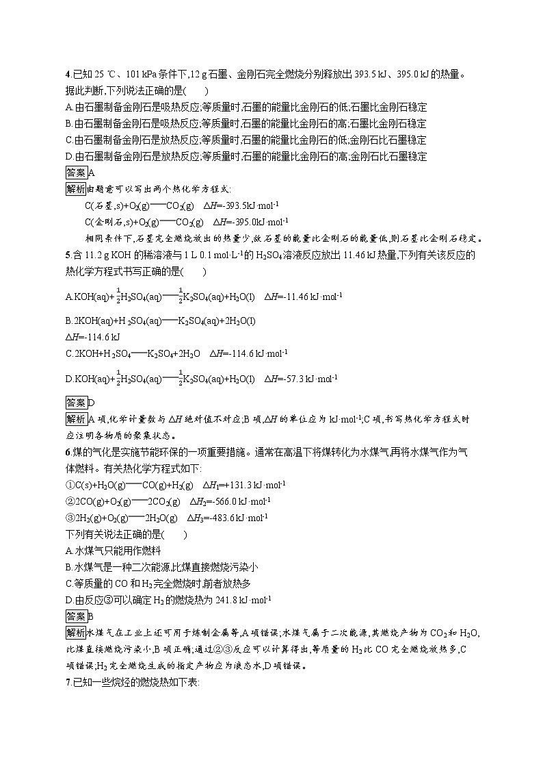 2021新教材高中化学选修一：1.1 第2课时　热化学方程式　燃烧热练习题+答案解析02