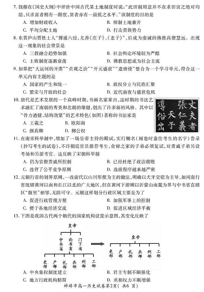 2020-2021学年安徽省蚌埠市高一上学期期末考试历史试题 PDF版第2页