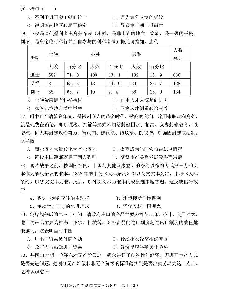 云南省云天化中学2022届高三上学期摸底测试历史试题+答案 (PDF版)第2页
