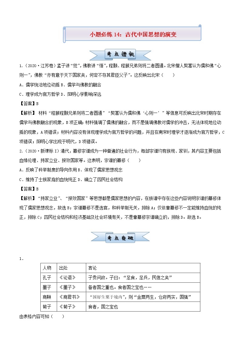 新高考2021届高考历史小题必练14古代中国思想的演变01