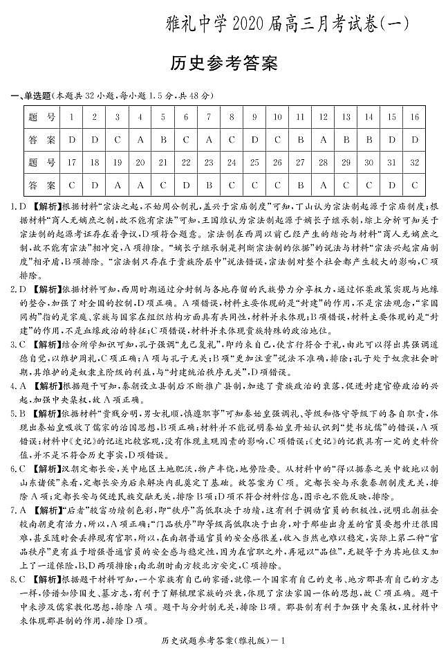 2020届湖南省长沙市雅礼中学高三上学期月考试卷（一）历史试题 PDF版01