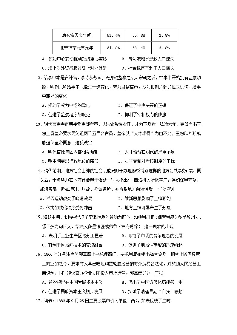 黑龙江省大庆铁人中学2022届高三上学期开学考试历史试题+Word版含答案03