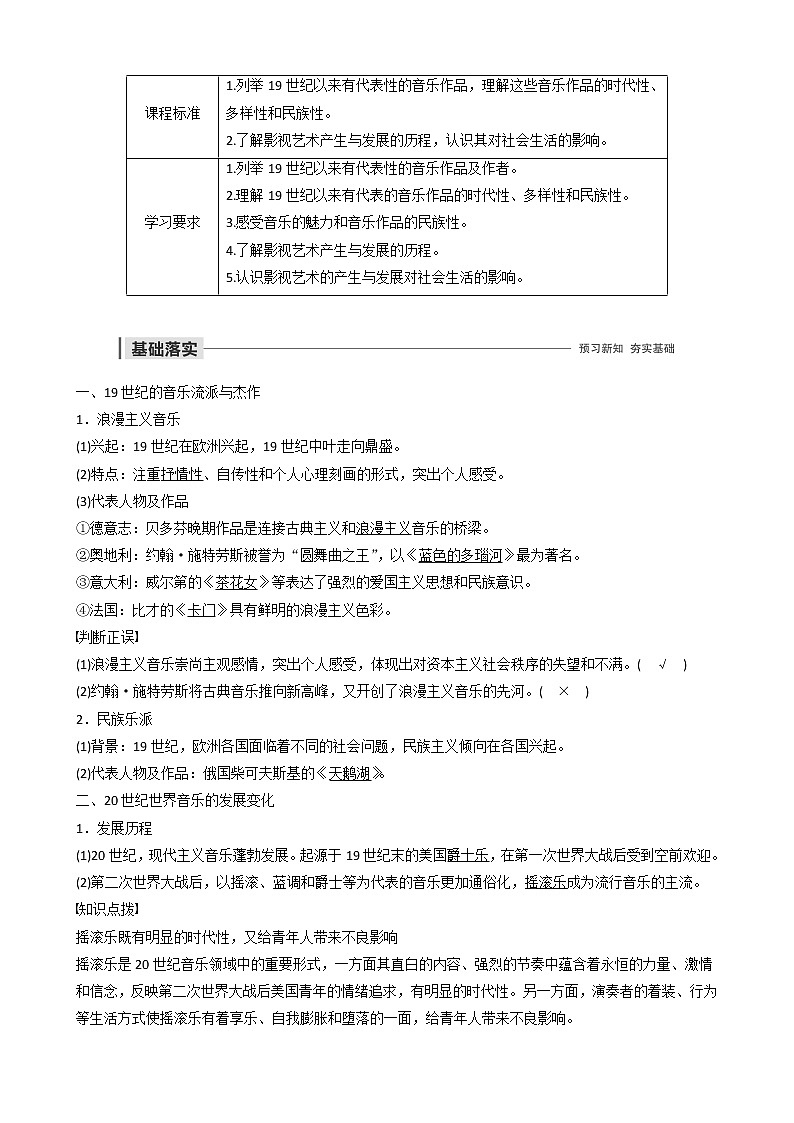 高中历史第八单元19世纪以来的世界文学艺术第24课音乐与影视艺术教案必修301