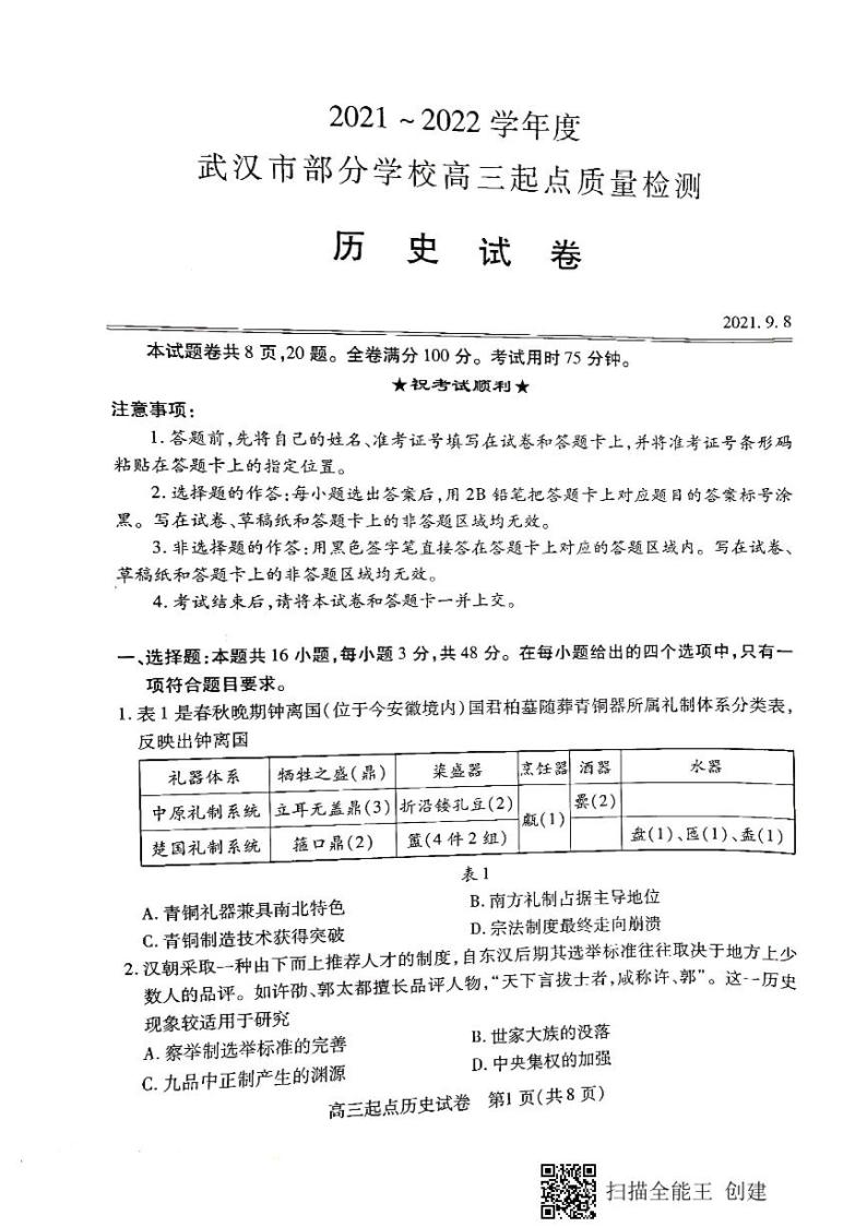 湖北省武汉市部分学校2022届高三上学期起点质量检测历史试题+扫描版含答案01