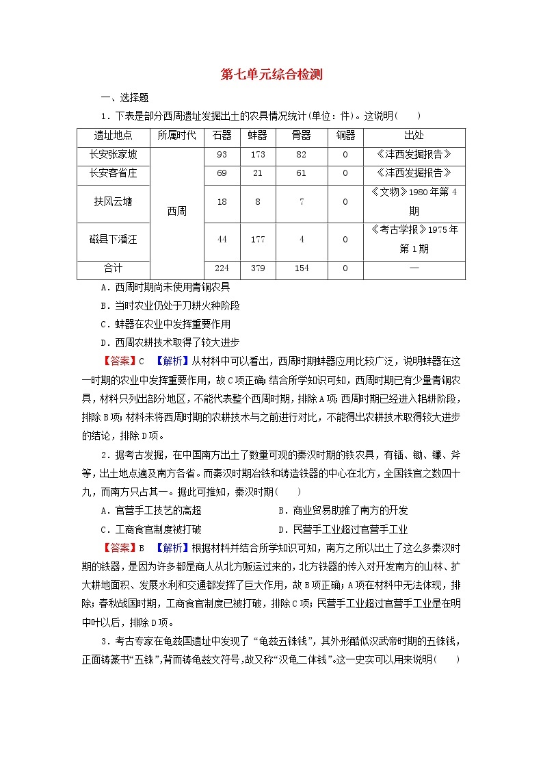 高考历史一轮复习第7单元古代中国经济的基本结构与特点综合检测课时演练含解析新人教版01