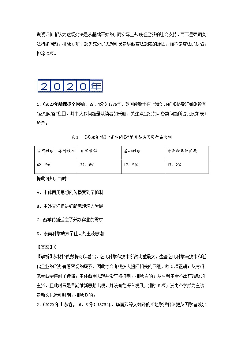 三年高考（2019-2021）历史试题分项汇编——专题10 近现代中国思想、文化、教育03