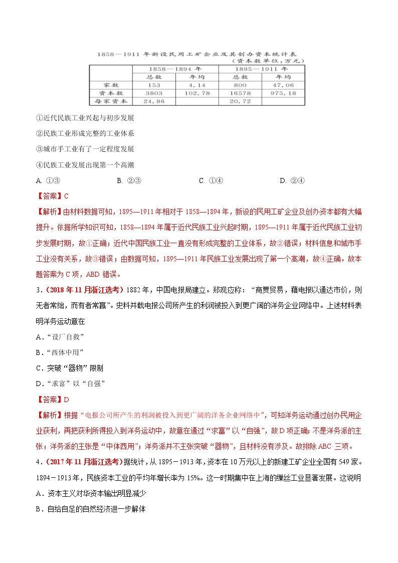 专题09 近代中国资本主义的曲折发展＆近现代中国社会生活的变迁——五年（2017-2021）高考历史真题分项详解（浙江专用）（解析版）02