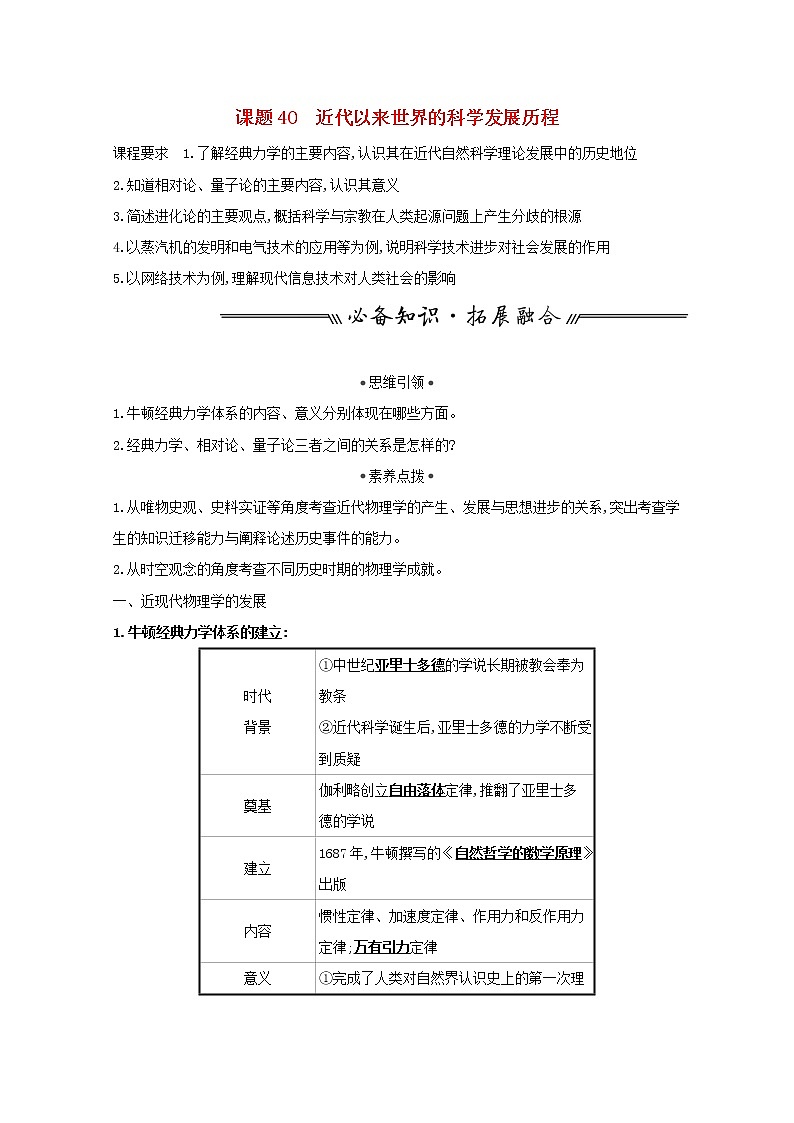 江苏专用高考历史一轮复习专题十六近代以来世界科技发展与文学艺术课题40近代以来世界的科学发展历程学案含解析人民版第1页
