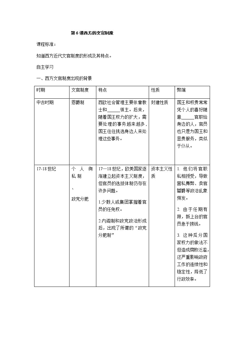 第6课 西方的文官制度 学案-【新教材】统编版（2019）高中历史选择性必修1 国家政治制度与社会治理第1页