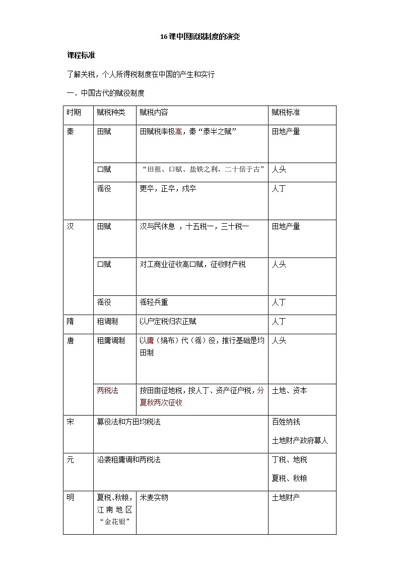 第16课 中国赋税制度的演变 学案-【新教材】统编版（2019）高中历史选择性必修1 国家政治制度与社会治理第1页