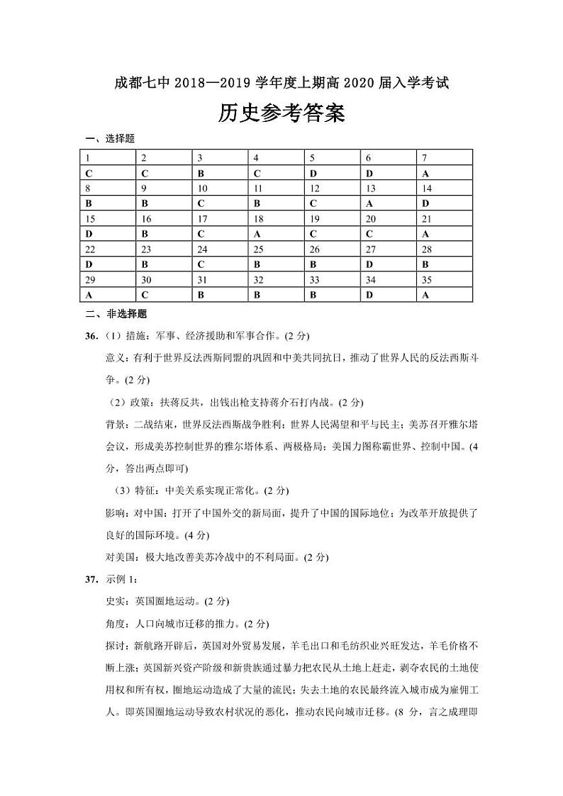 2018-2019学年四川省成都市第七中学高二上学期入学考试历史试题 PDF版01