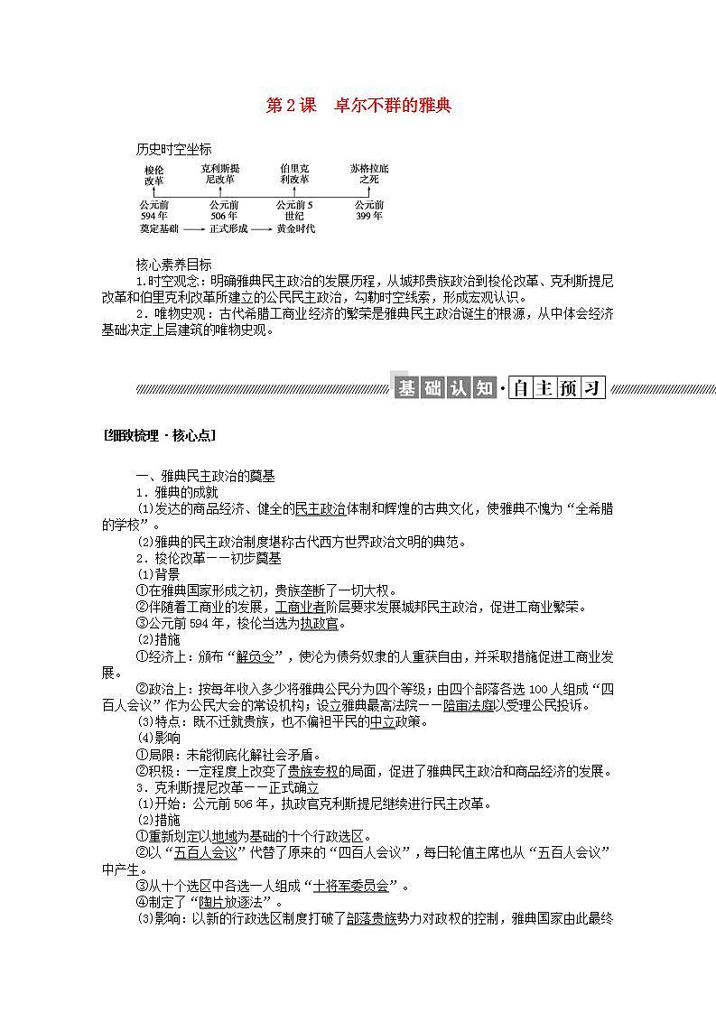 高中历史专题六古代希腊罗马的政治文明6.2卓尔不群的雅典学案含解析人民版必修101