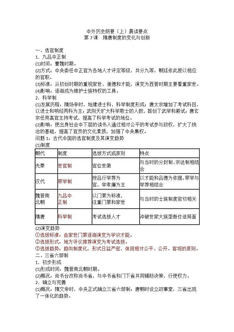 中外历史纲要（上）晨读要点 第7课 隋唐制度的变化与创新学案01