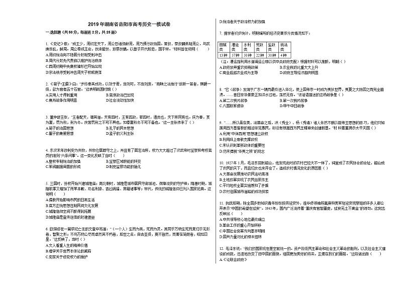 2019年湖南省岳阳市高考历史一模试卷01