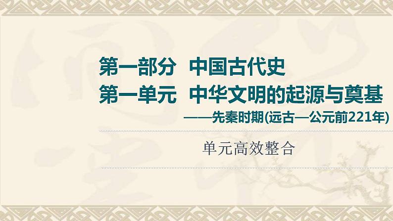 高考历史一轮复习第1部分第1单元中华文明的起源与奠基_先秦时期远古_公元前221年单元高效整合课件01