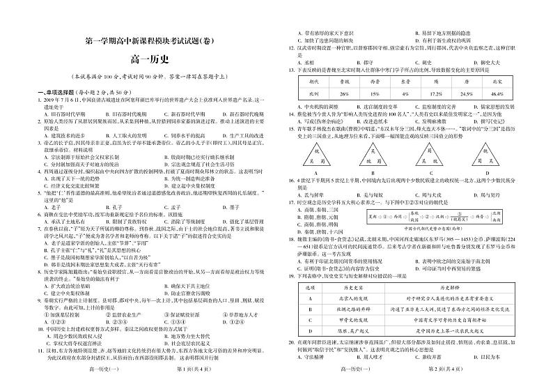 山西省大同平城中学校2020-2021学年高一上学期新课程模块考试历史试卷（PDF版含答案）01