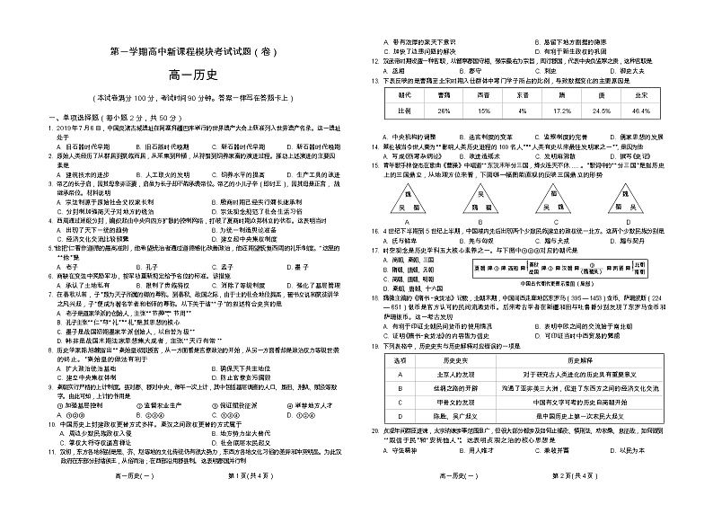 山西省大同平城中学校2020-2021学年高一上学期新课程模块考试历史试卷（Word版含答案）第1页